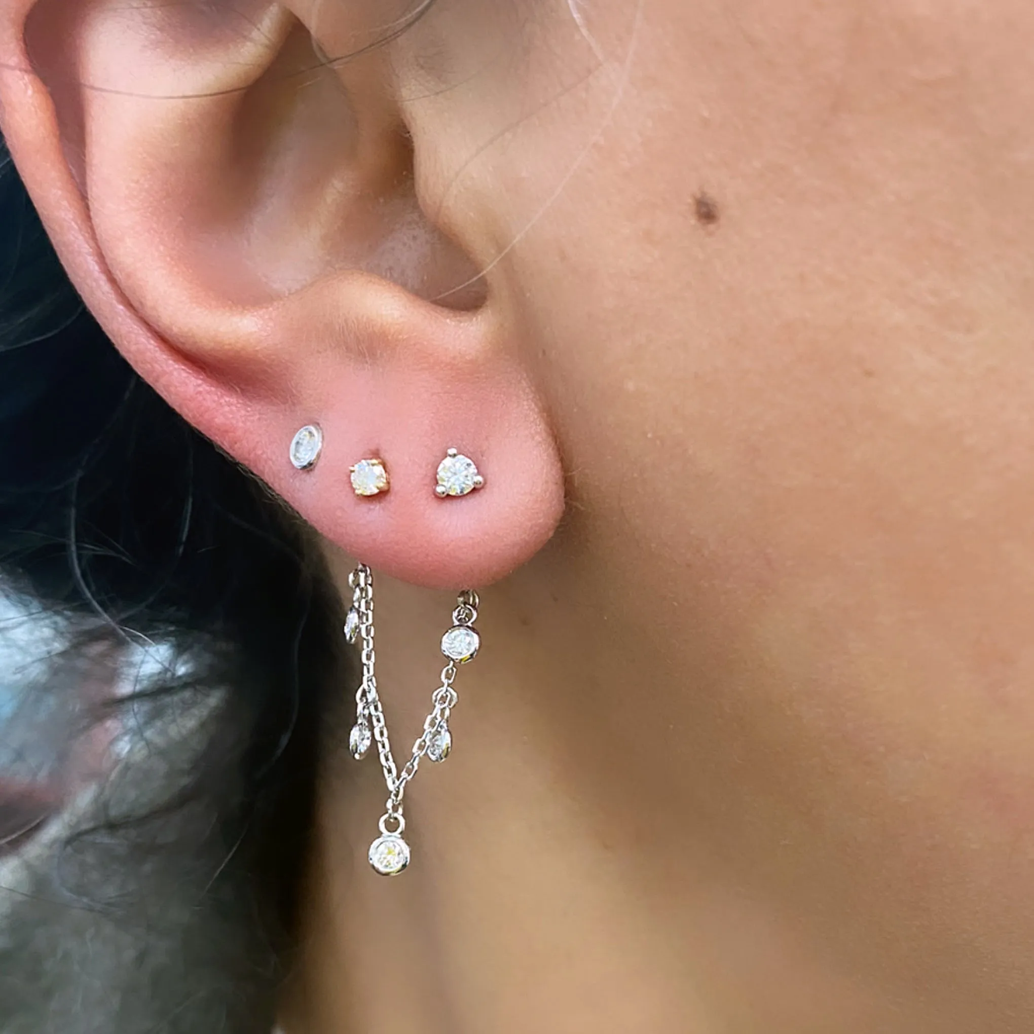 14K Gold 5 Diamond Dangle Chain Earring Jacket