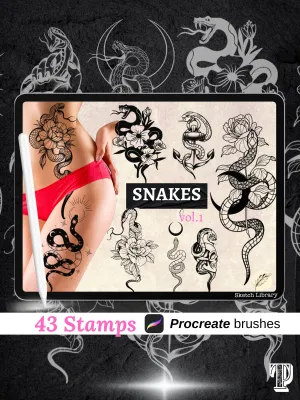 43 snakes brushes for procreate, tattoo design, outline,  stencil, tattoo stamps, commercial license, i pad & Ipad pro, old school, peony, sailor, rose,