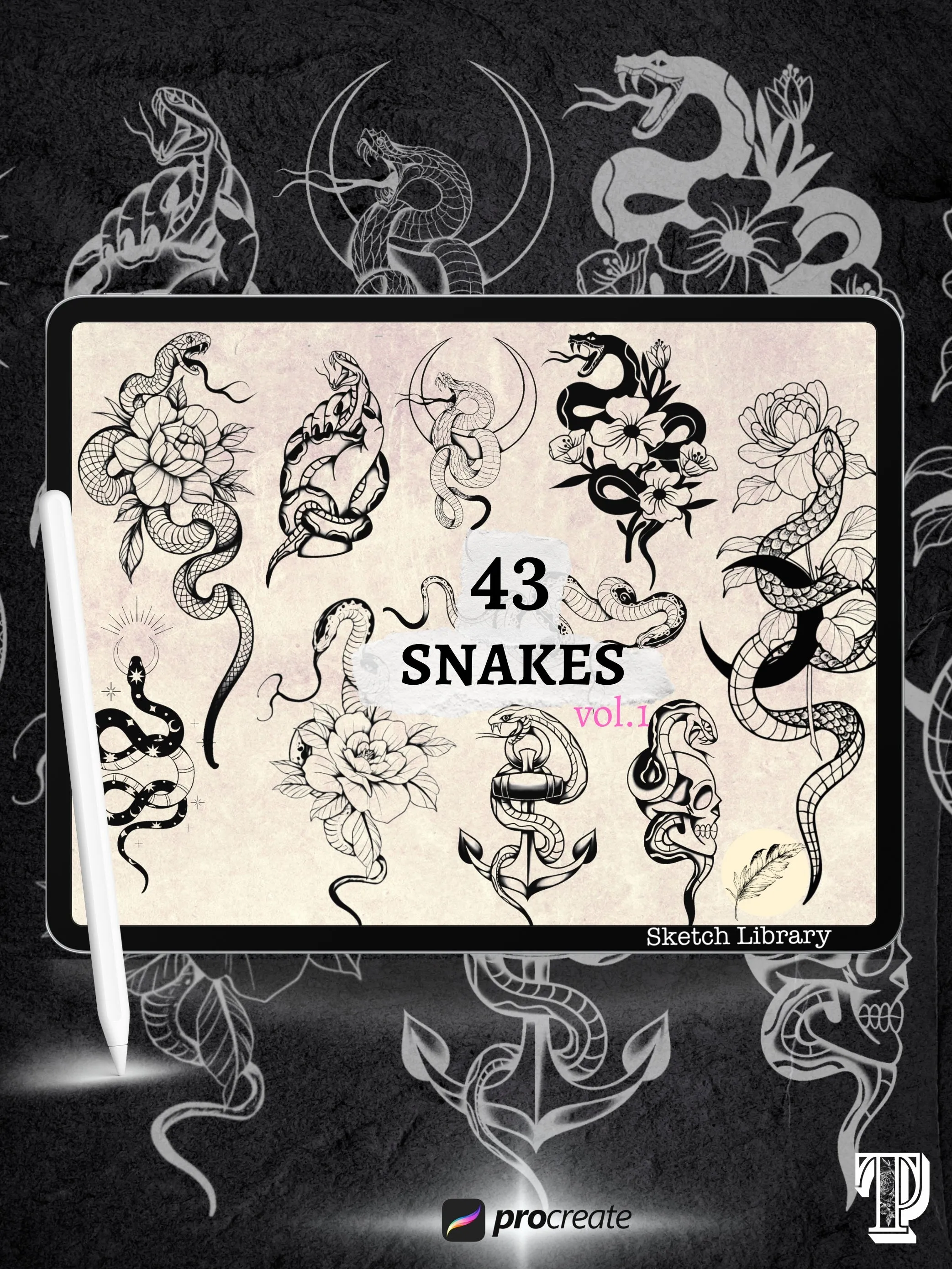 43 snakes brushes for procreate, tattoo design, outline,  stencil, tattoo stamps, commercial license, i pad & Ipad pro, old school, peony, sailor, rose,