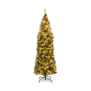 5/6/7/8/9 FT Pre-Lit Artificial Hinged Slim Pencil Christmas Tree-7 ft - Color: