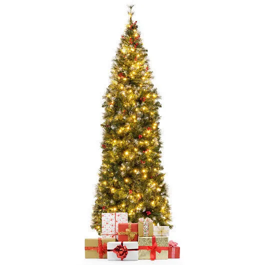 5/6/7/8/9 FT Pre-Lit Artificial Hinged Slim Pencil Christmas Tree-7 ft - Color: