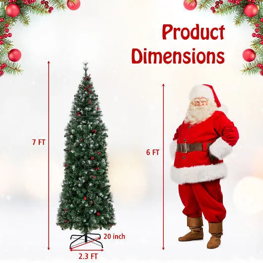 5/6/7/8/9 FT Pre-Lit Artificial Hinged Slim Pencil Christmas Tree-7 ft - Color: