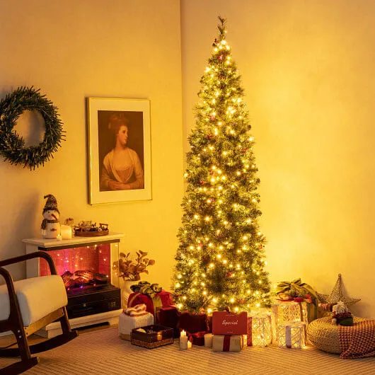 5/6/7/8/9 FT Pre-Lit Artificial Hinged Slim Pencil Christmas Tree-7 ft - Color:
