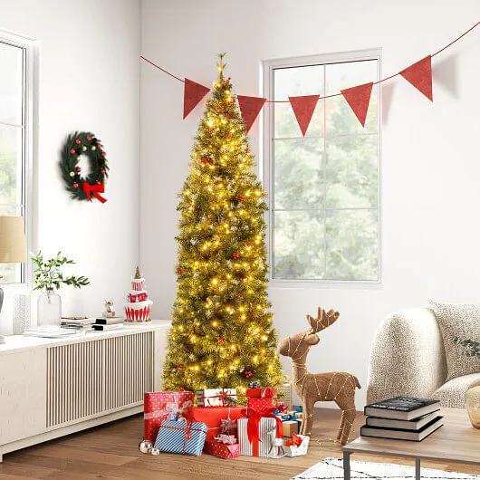 5/6/7/8/9 FT Pre-Lit Artificial Hinged Slim Pencil Christmas Tree-7 ft - Color: