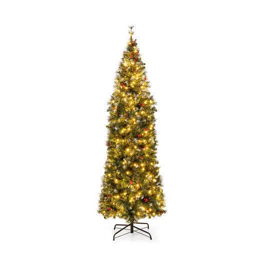 5/6/7/8/9 FT Pre-Lit Artificial Hinged Slim Pencil Christmas Tree-7 ft - Color:
