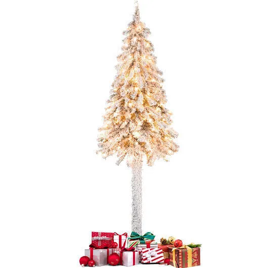 6 Feet Pre-Lit Slim Pencil Christmas Tree Snow Flocked Xmas Decor - Color: White