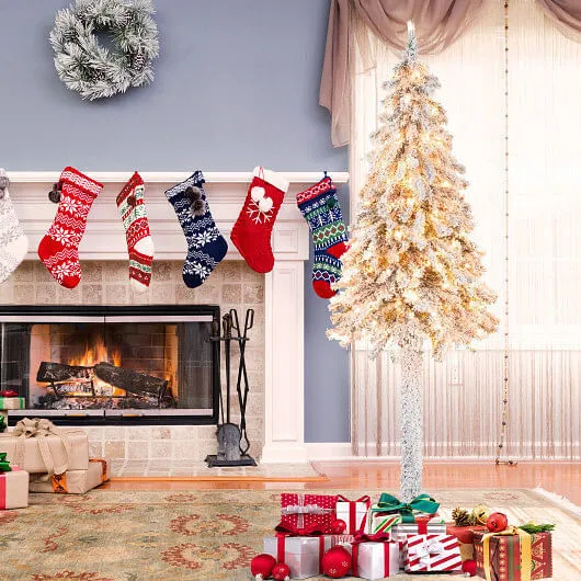 6 Feet Pre-Lit Slim Pencil Christmas Tree Snow Flocked Xmas Decor - Color: White