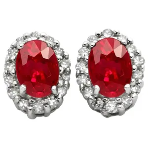9 Ct Oval Cut Red Ruby & Natural Earth Mined Diamond Cluster Ladies Stud Gold Earring Pair