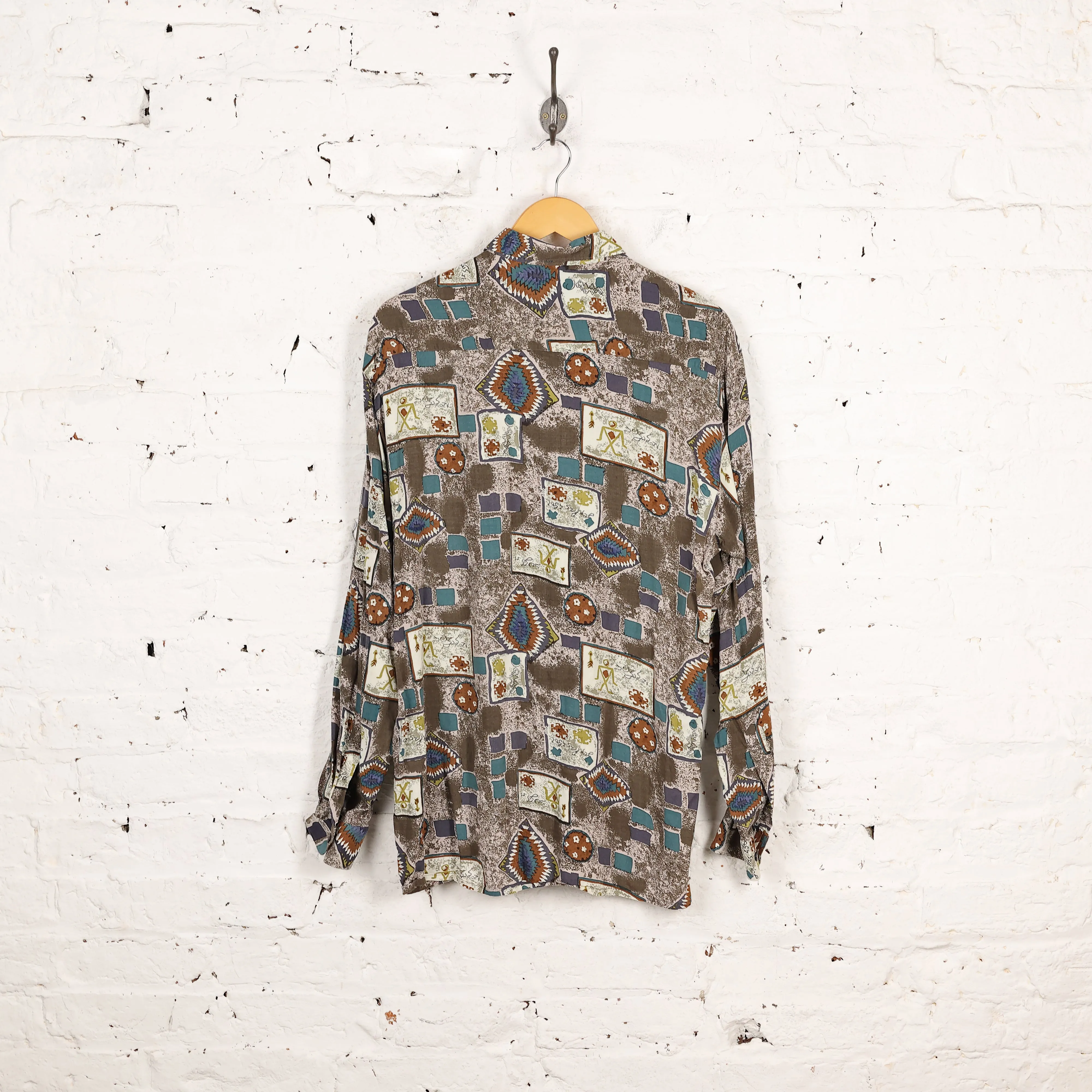 90s Long Sleeve Pattern Shirt - Brown - M