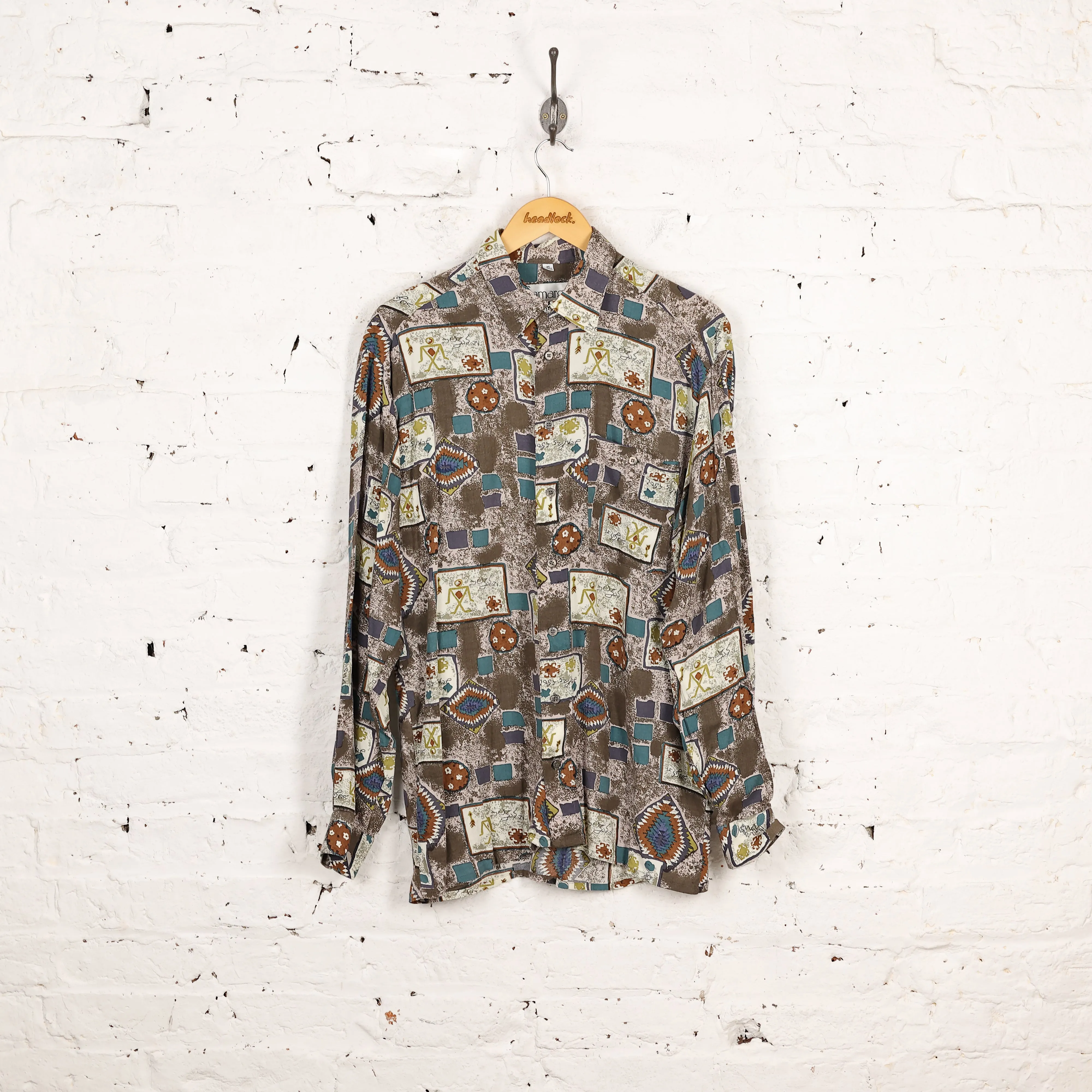 90s Long Sleeve Pattern Shirt - Brown - M