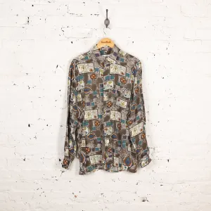 90s Long Sleeve Pattern Shirt - Brown - M