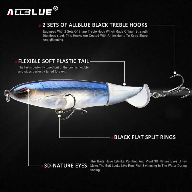 ALLBLUE Whopper Popper 9cm/11cm/13cm Topwater Fishing Lure Artificial Bait Hard lure with soft Rotating Tail Fishing Tackle