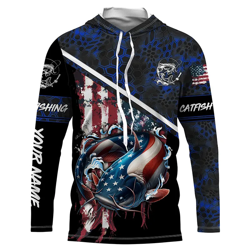 American Flag catfish fishing blue camo Custom name Long sleeve, Long Sleeve Hooded NPQ842