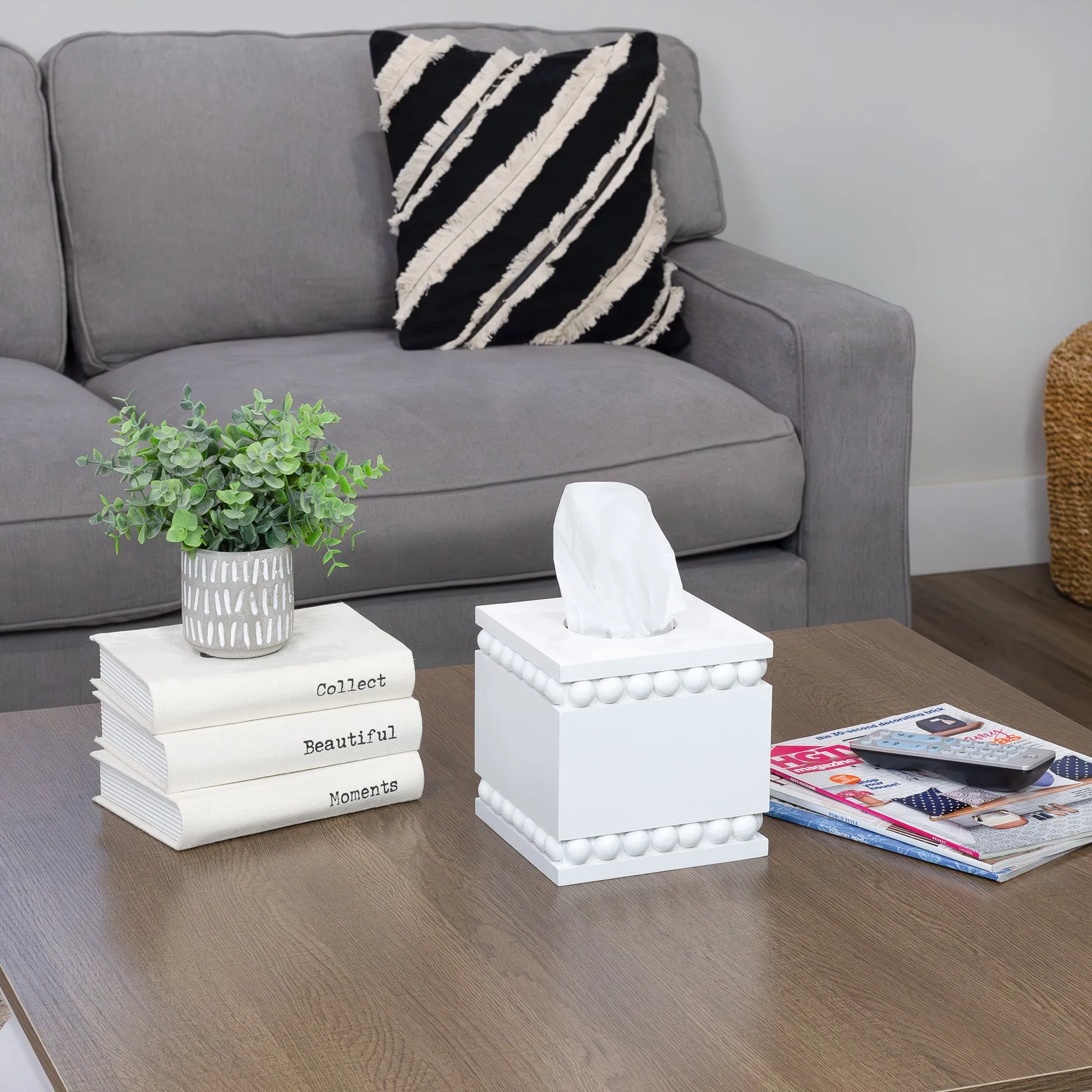 Beaded Tissue Box Cover (White)