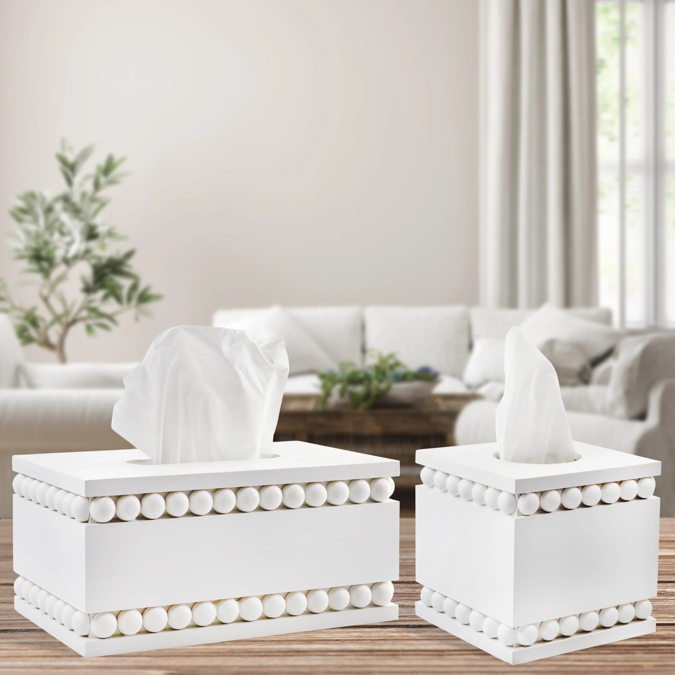 Beaded Tissue Box Cover (White)