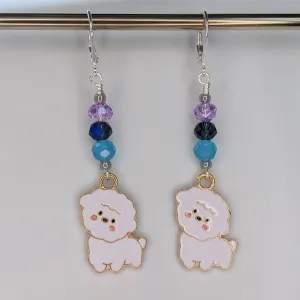 Bichon Puppy Enamel Earrings & Stitch Markers