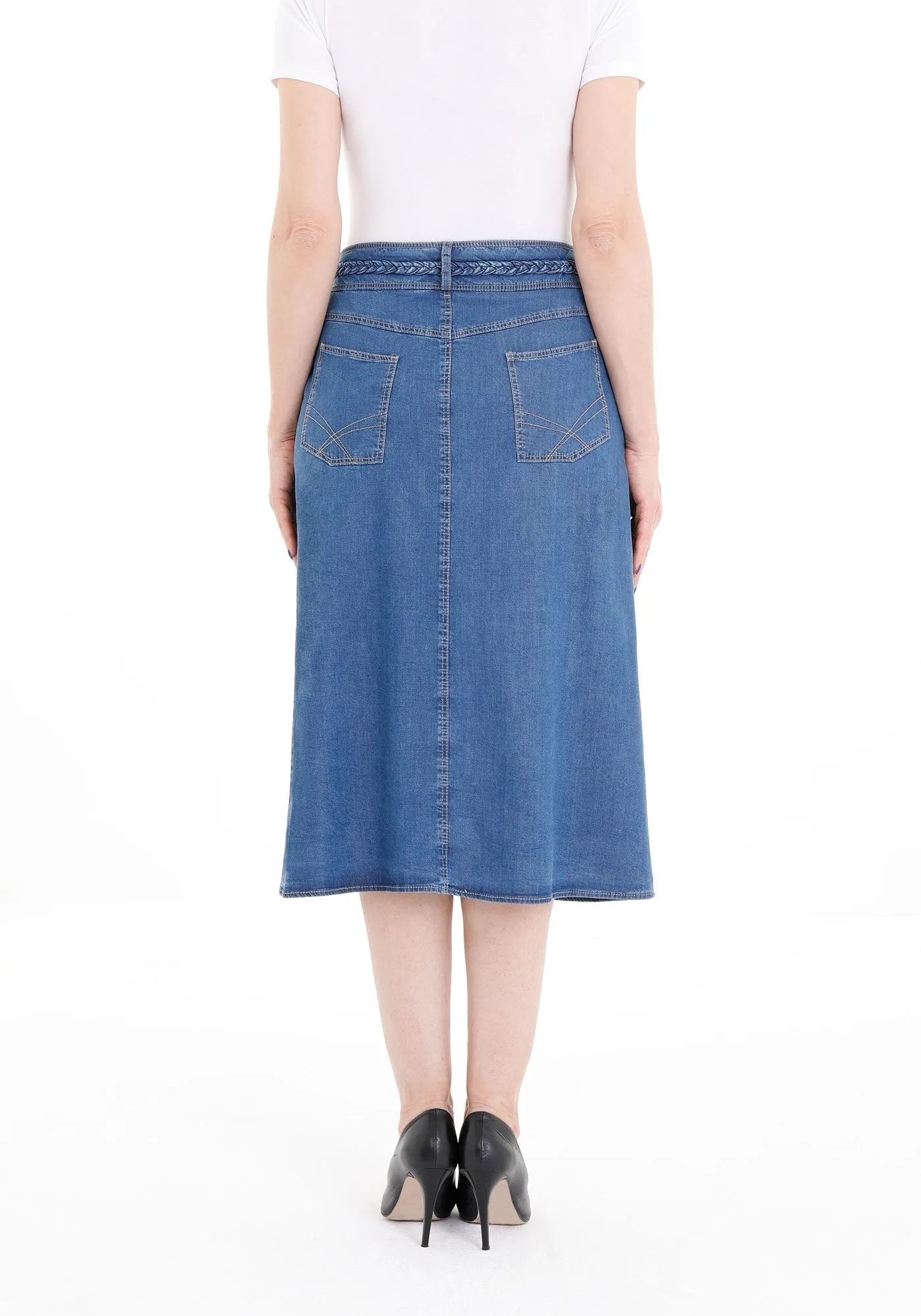 Blue Tencel A-Line Denim Midi Skirt with Knit Waistband Belt and Pockets - G-Line