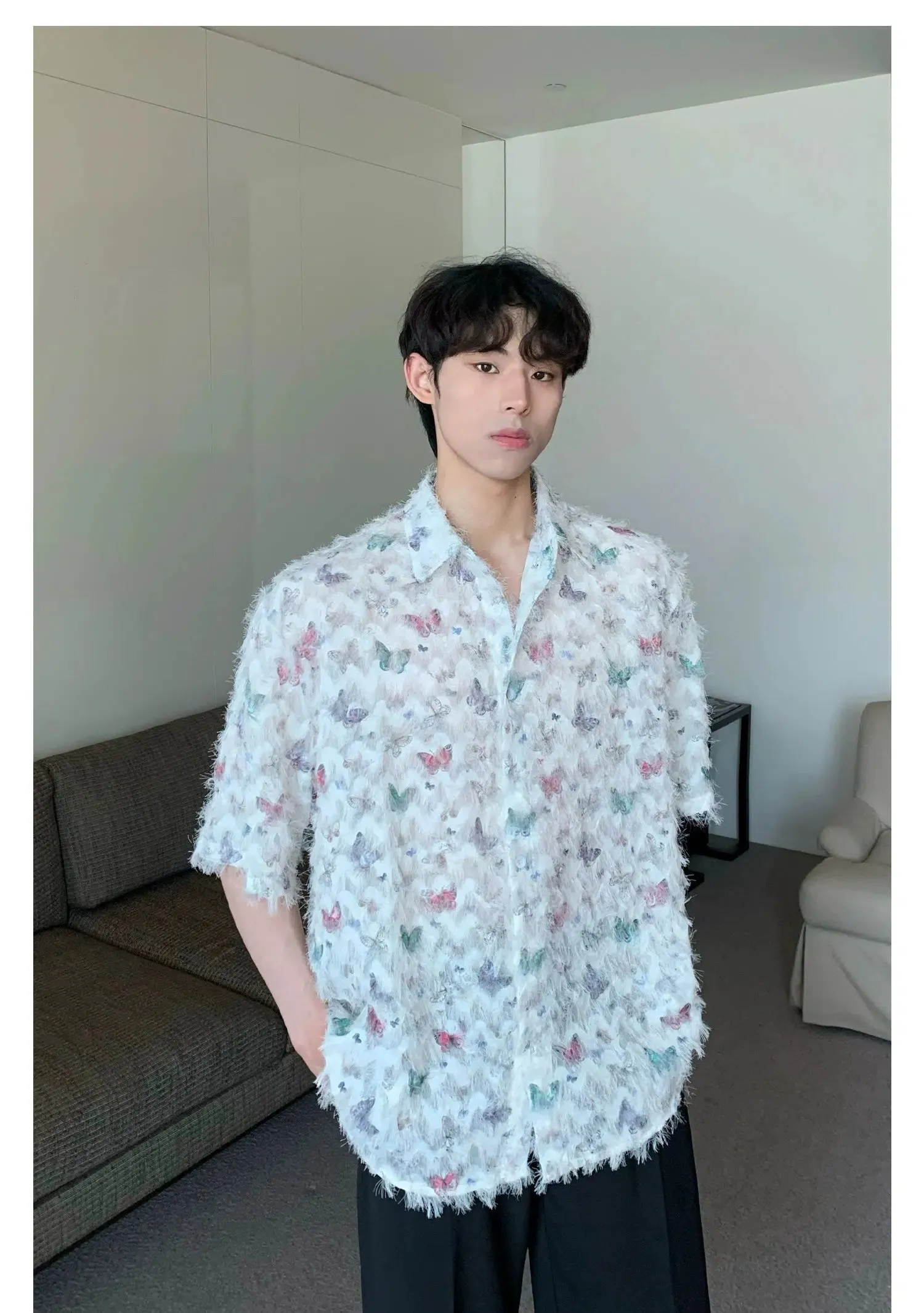 Butterfly Print Fringed Long Sleeve Shirt