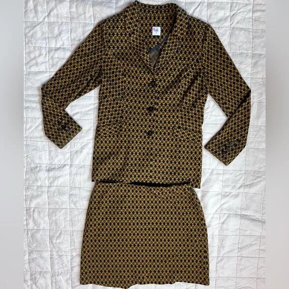 Cabi Standout Kensington Proper Blazer &amp; Skirt Set Gold Navy Medallion - Medium