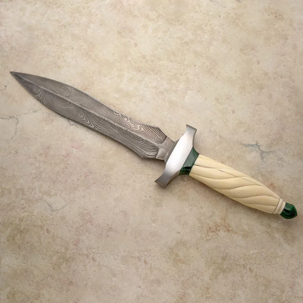 Carved fluted ivory dagger with malachite accents