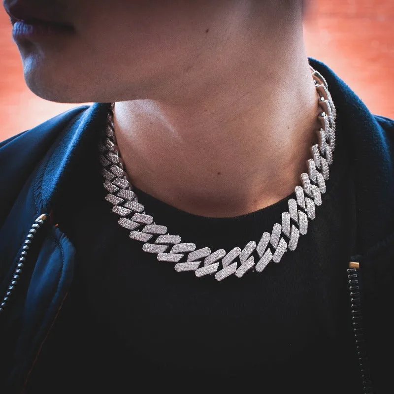 Diamond Straight Edge Cuban Link Chain (18mm) in White Gold