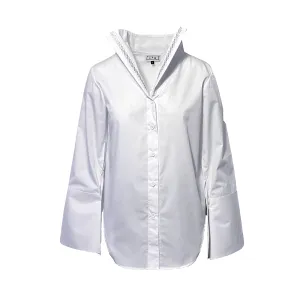 Embroidered Wide Collar Shirt in White Cotton