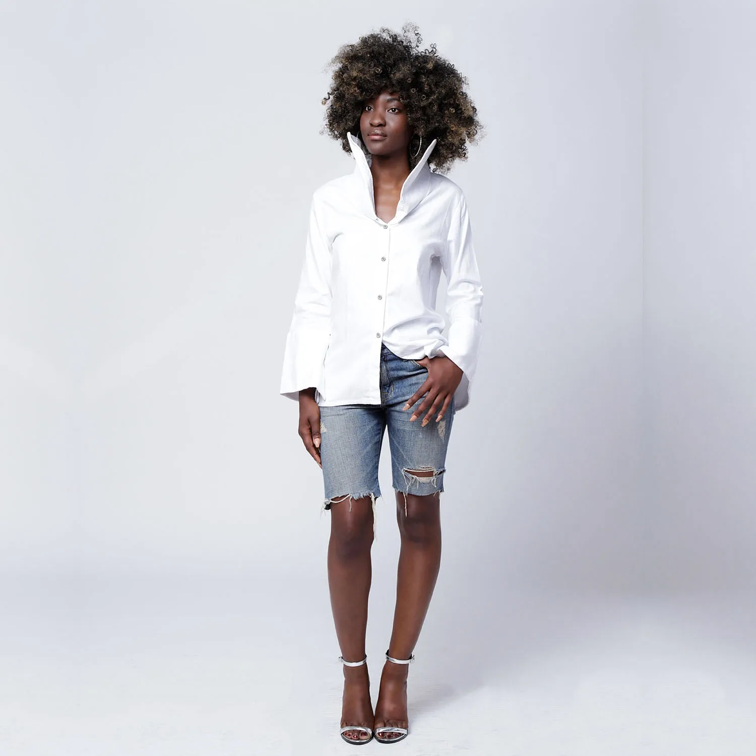 Embroidered Wide Collar Shirt in White Cotton