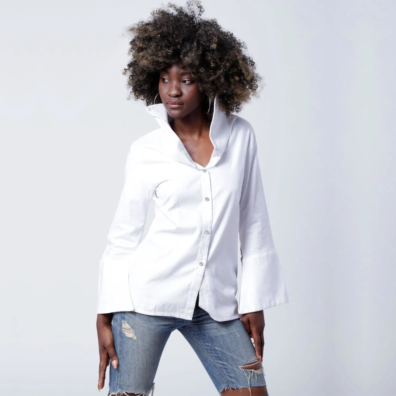 Embroidered Wide Collar Shirt in White Cotton