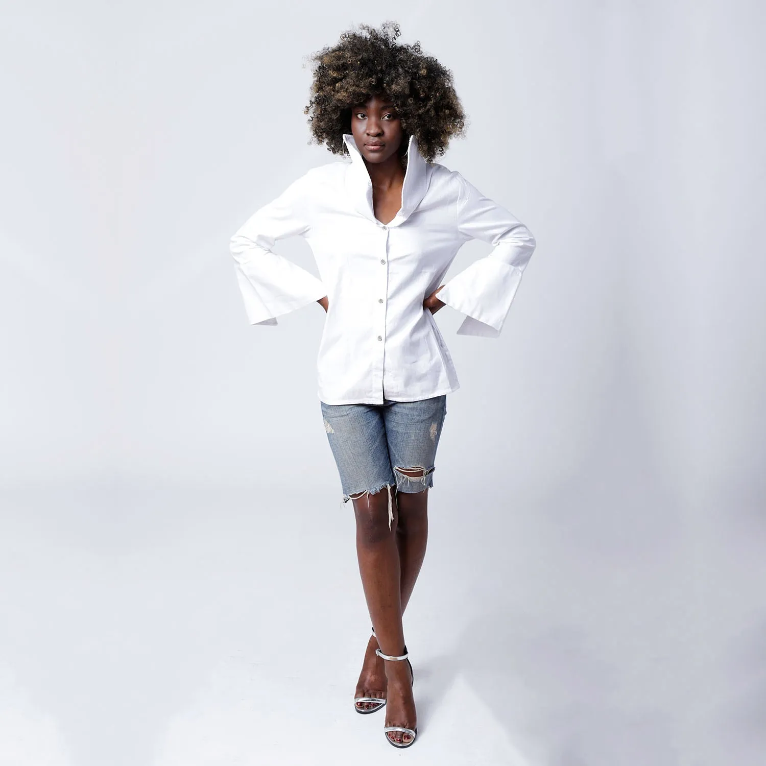 Embroidered Wide Collar Shirt in White Cotton