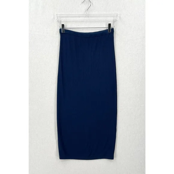 ENZA COSTA Ribbed Pencil Skirt Womens Medium Blue Midi Straight Stretch Pull On