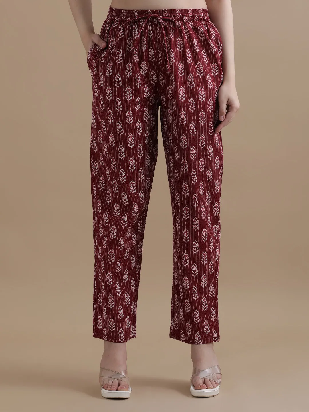 Floral Printed Kantha Work Pure Cotton Maroon Kurta With Pant & Chiffon Dupatta