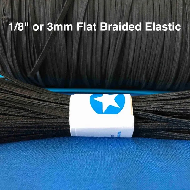 Full 288 yd rolls of 1/8 inch or 3mm elastic for sewing face masks. Flat, Soft, Braided elastic in Black or White. Free Shipping from Ohio.