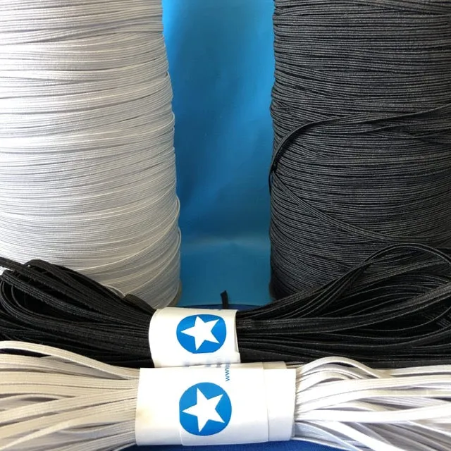 Full 288 yd rolls of 1/8 inch or 3mm elastic for sewing face masks. Flat, Soft, Braided elastic in Black or White. Free Shipping from Ohio.