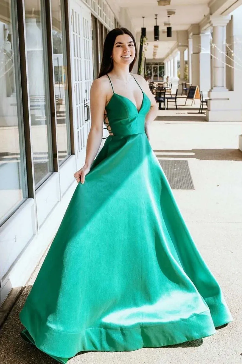 Green v neck satin long prom dress green long formal dress