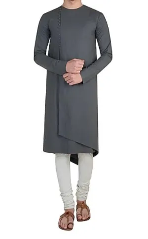 Grey Color Round Neck Kurta With Churidar Pajami
