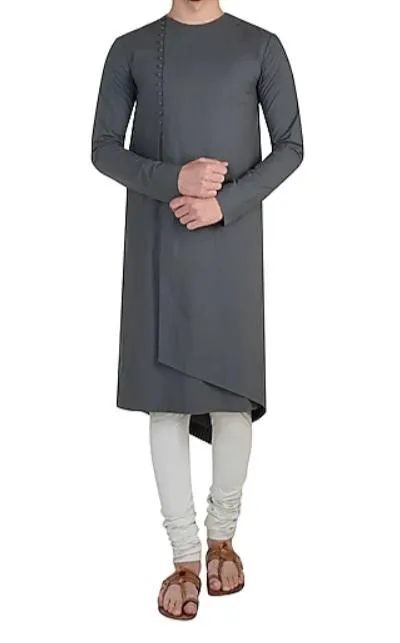 Grey Color Round Neck Kurta With Churidar Pajami