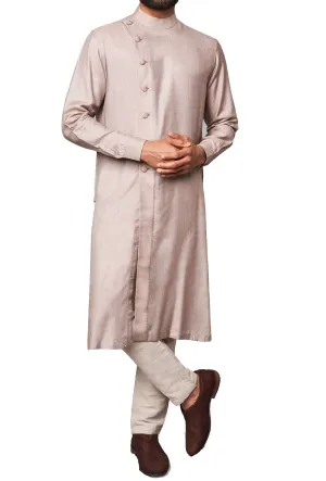 Grey Color Silk Kurta Mandarin Collar With Churidar Pajami