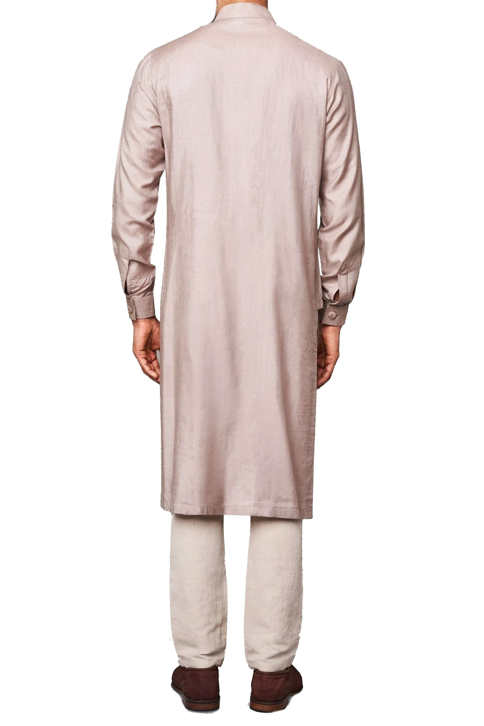 Grey Color Silk Kurta Mandarin Collar With Churidar Pajami