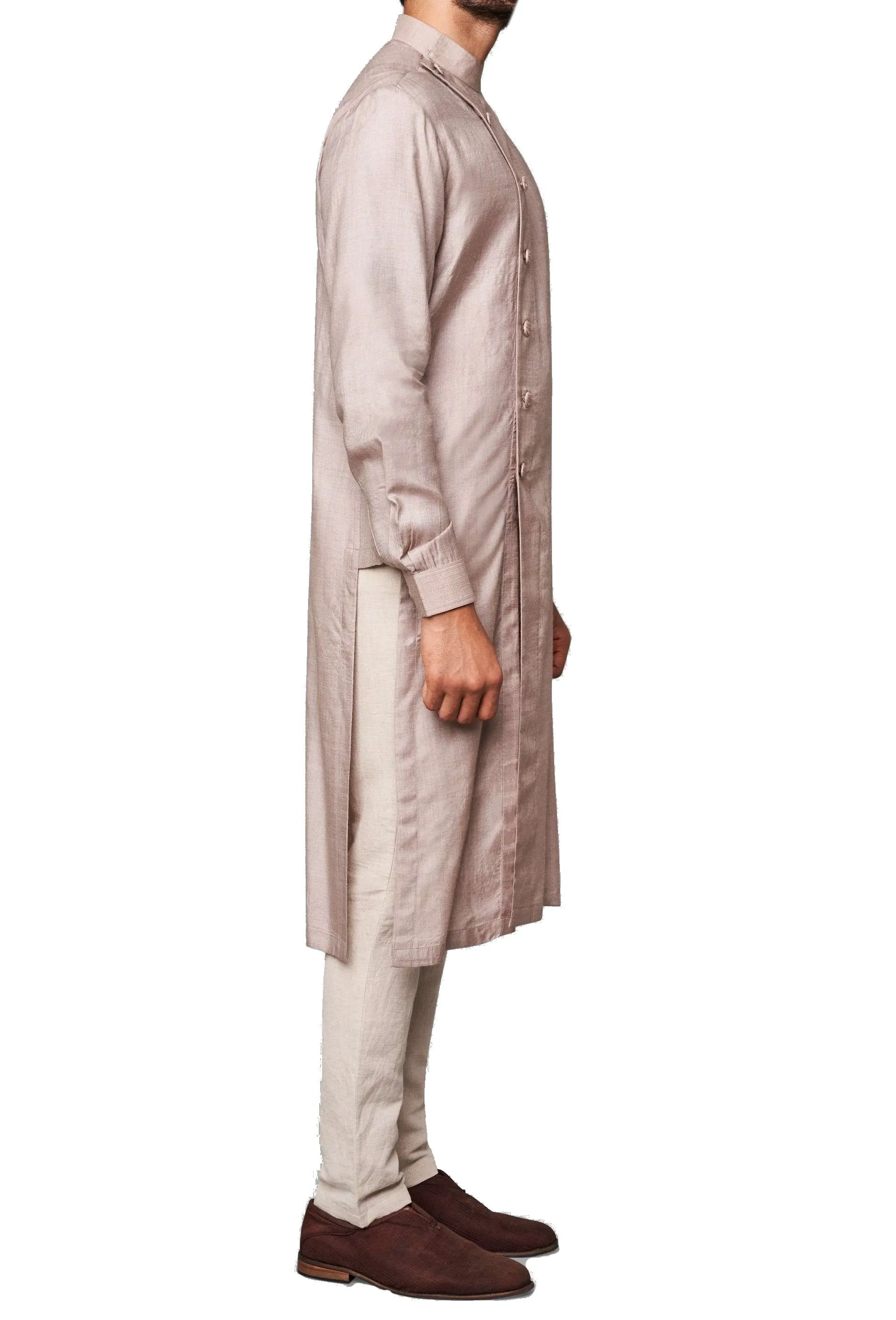 Grey Color Silk Kurta Mandarin Collar With Churidar Pajami