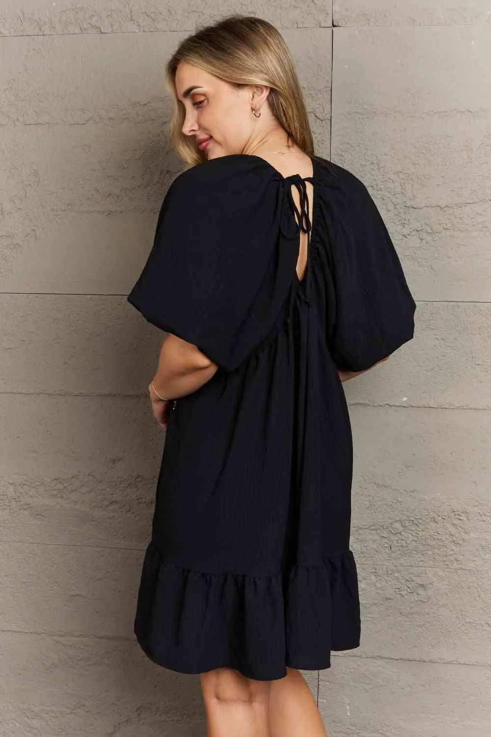 Hailey & Co Comfort Cutie Double V-Neck Puff Sleeve Mini Dress