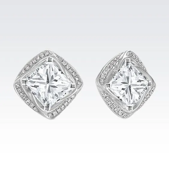 Halo Princess And Round Real Natural Earth Mined Diamond Jackets Lady Earring Gold 14K 1.90 Ct