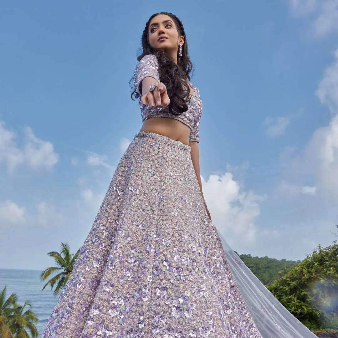 Heavy Purple Sequin and Pearl Work Bridal Lehenga