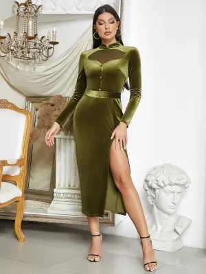 High Neck With Belt Midi Bodycon Dress HB0366