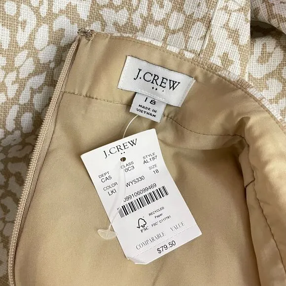 J Crew Cotton Basketweave Tan Khaki Leopard Print Pencil Skirt womens 18 new