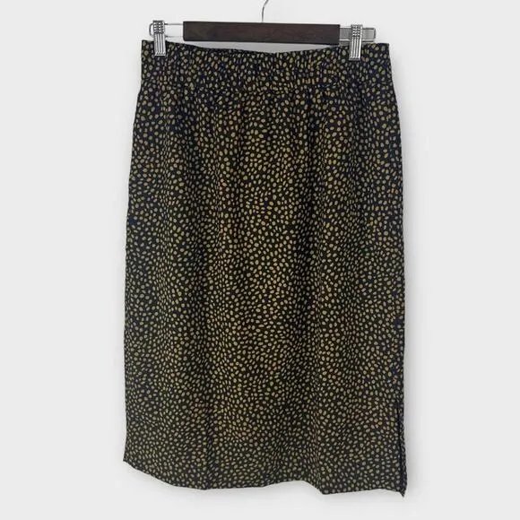 J. Crew Dot Printed Pull on Knee Length Slip Skirt Black Tan Gold Small BA844