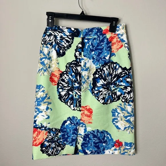 J. Crew Pencil Skirt in 100% Cotton Floral Peony Print Mint/Blue/Orange - 2