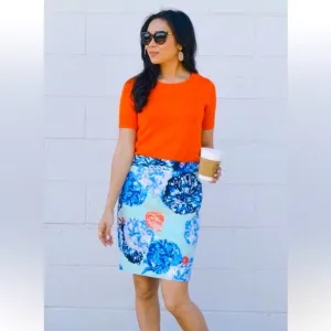 J. Crew Pencil Skirt in 100% Cotton Floral Peony Print Mint/Blue/Orange - 2