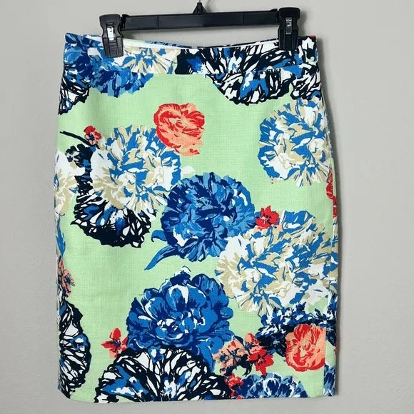 J. Crew Pencil Skirt in 100% Cotton Floral Peony Print Mint/Blue/Orange - 2