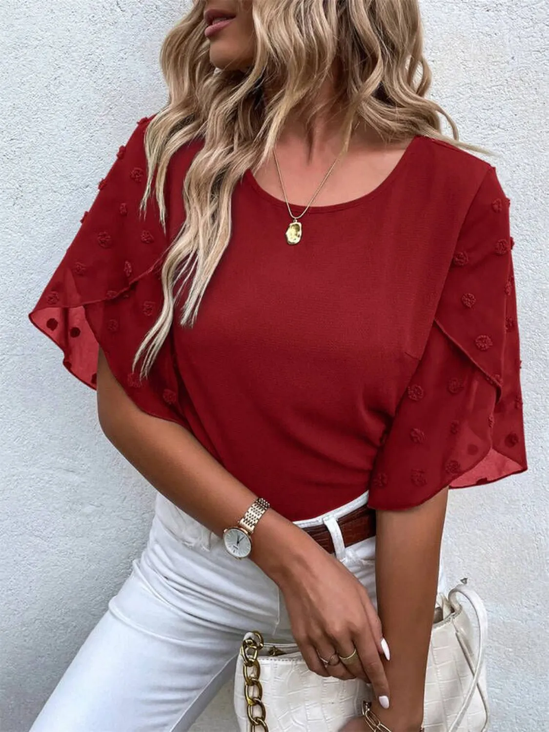 Kay Swiss Dot Round Neck Half Sleeve Blouse