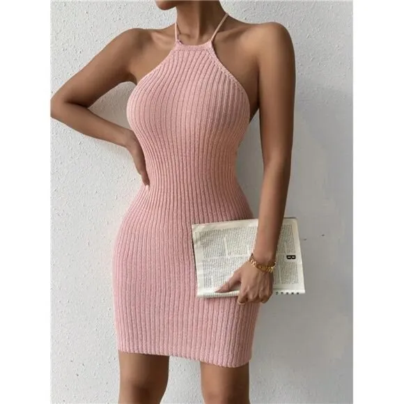 Ladies&quot; Solid Color Sleeveless Knitted Halter Backless Midi Dress